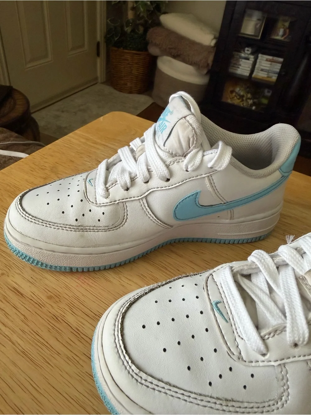 Nike Kids White Sneakers with Light Blue Swoosh
